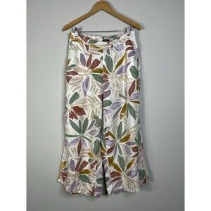 Women's Nicole Miller Linen Wide Leg Floral Crop Pants Size L Boho Langenlook